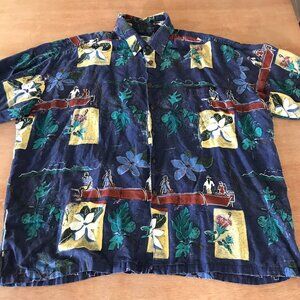 Kahala AVI Hawaiian Shirt Men XXL Blue Floral Button Up Pocket Short Sleeve